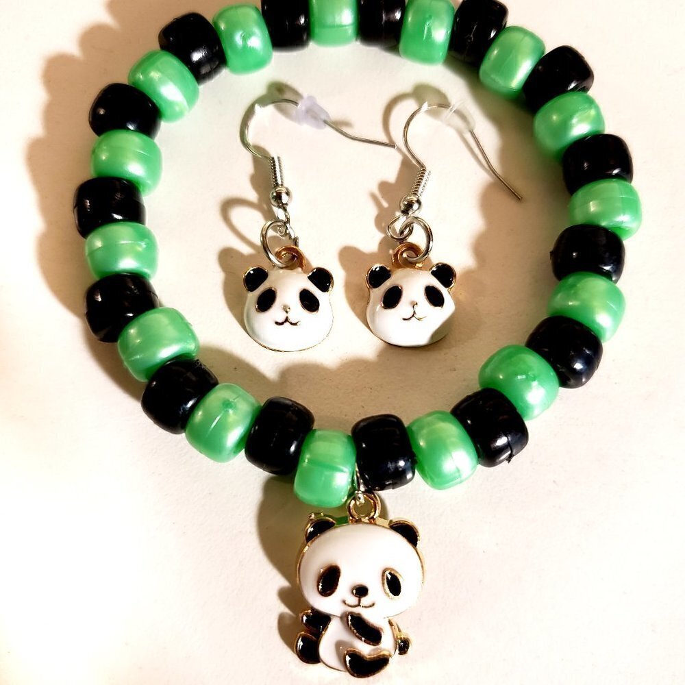 Handmade Metallic Green Panda Bracelet and Earring Set